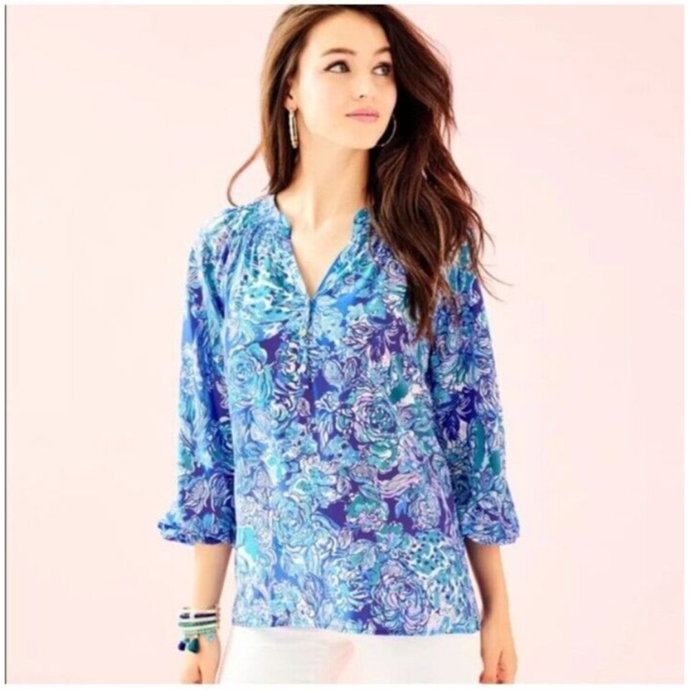 Lilly Pulitzer Elsa 100% Silk Long Sleeve Floral Blouse Sz XS in Purple Cat Call
